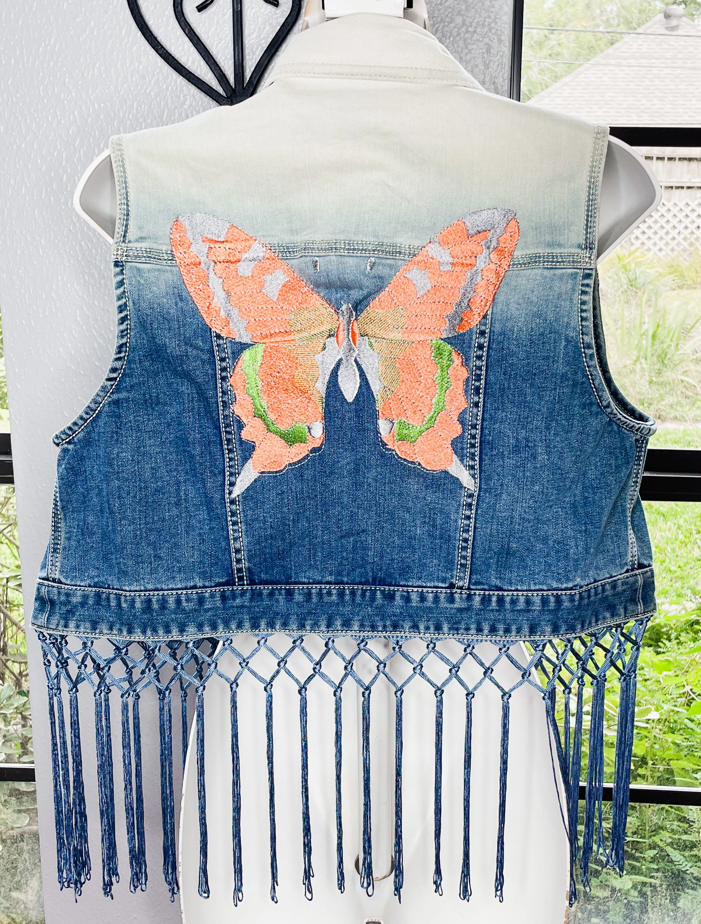 Custom Embroidered Ombre Jean Vest Orange Butterfly