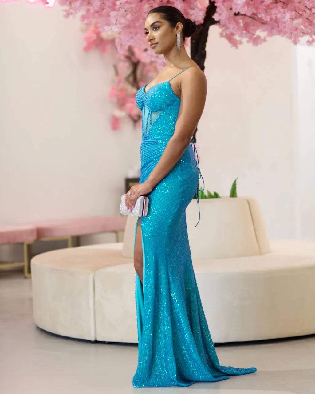 Dalette Sequin Corset Gown - Aqua