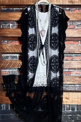 DARLING DREAMER LACE MAXI DUSTER VEST IN BLACK