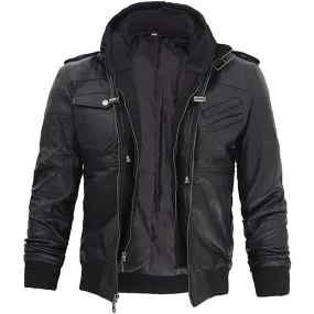 Double Zip Detachable Hood Style Black Biker Leather Jacket Mens