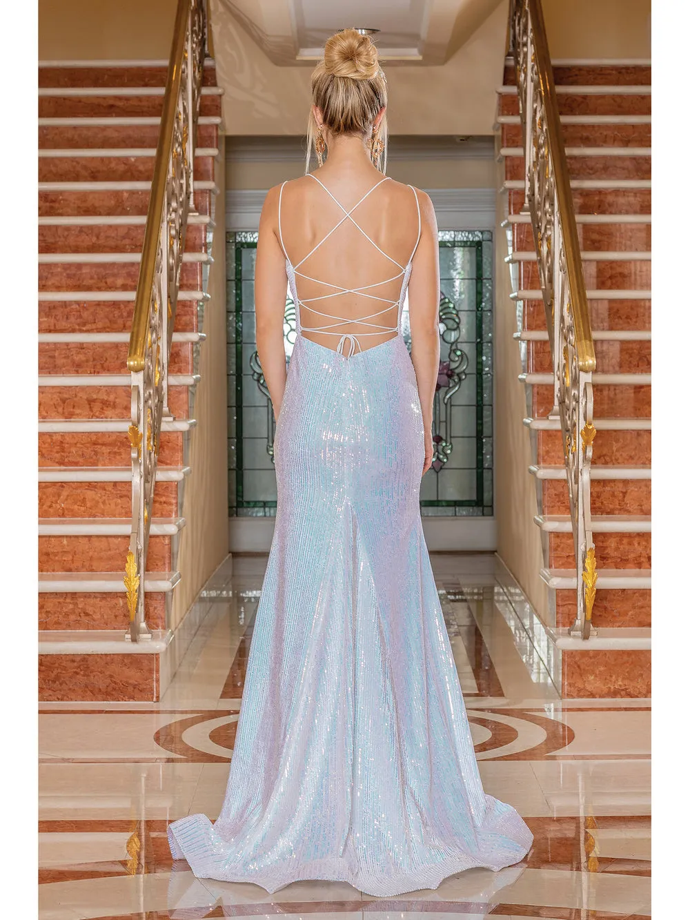DQ 4269 - Full Sequin Fit & Flare Prom Gown with Bateau Neck Open Lace Up Corset Back & Leg Slit