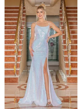 DQ 4269 - Full Sequin Fit & Flare Prom Gown with Bateau Neck Open Lace Up Corset Back & Leg Slit