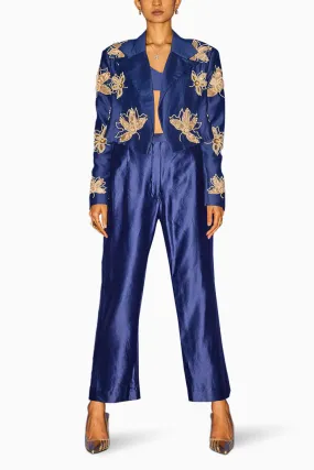 Embroidered Blue Cropped Blazer Set