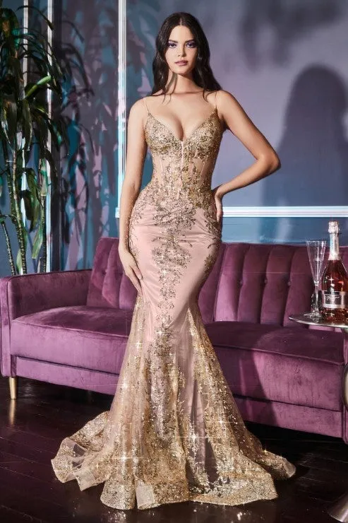Embroidered Fantasy Gold Sequined Sleeveless Mermaid Gown