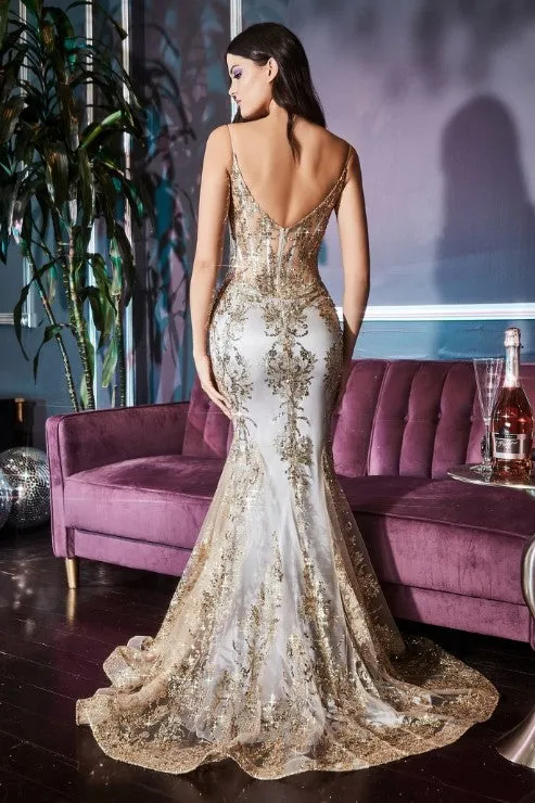 Embroidered Fantasy Gold Sequined Sleeveless Mermaid Gown