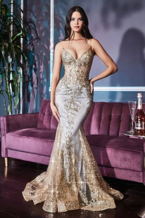 Embroidered Fantasy Paris Blue Sequined Sleeveless Mermaid Gown