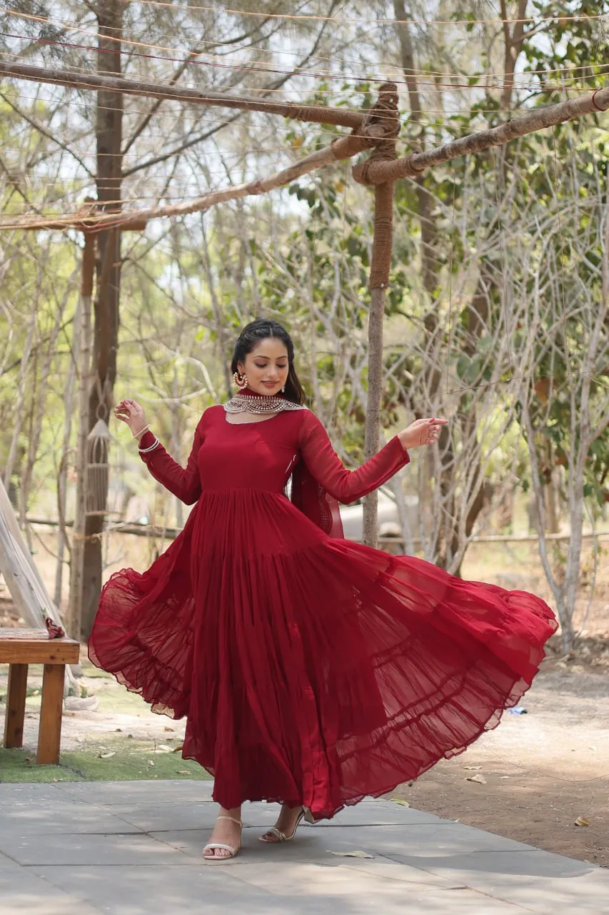 Faux Georgette Maroon Gown with Cascading Frills and Sequin Dupatta