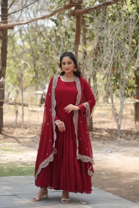 Faux Georgette Maroon Gown with Cascading Frills and Sequin Dupatta