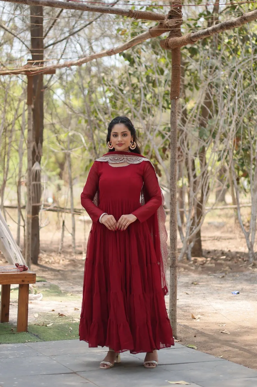 Faux Georgette Maroon Gown with Cascading Frills and Sequin Dupatta