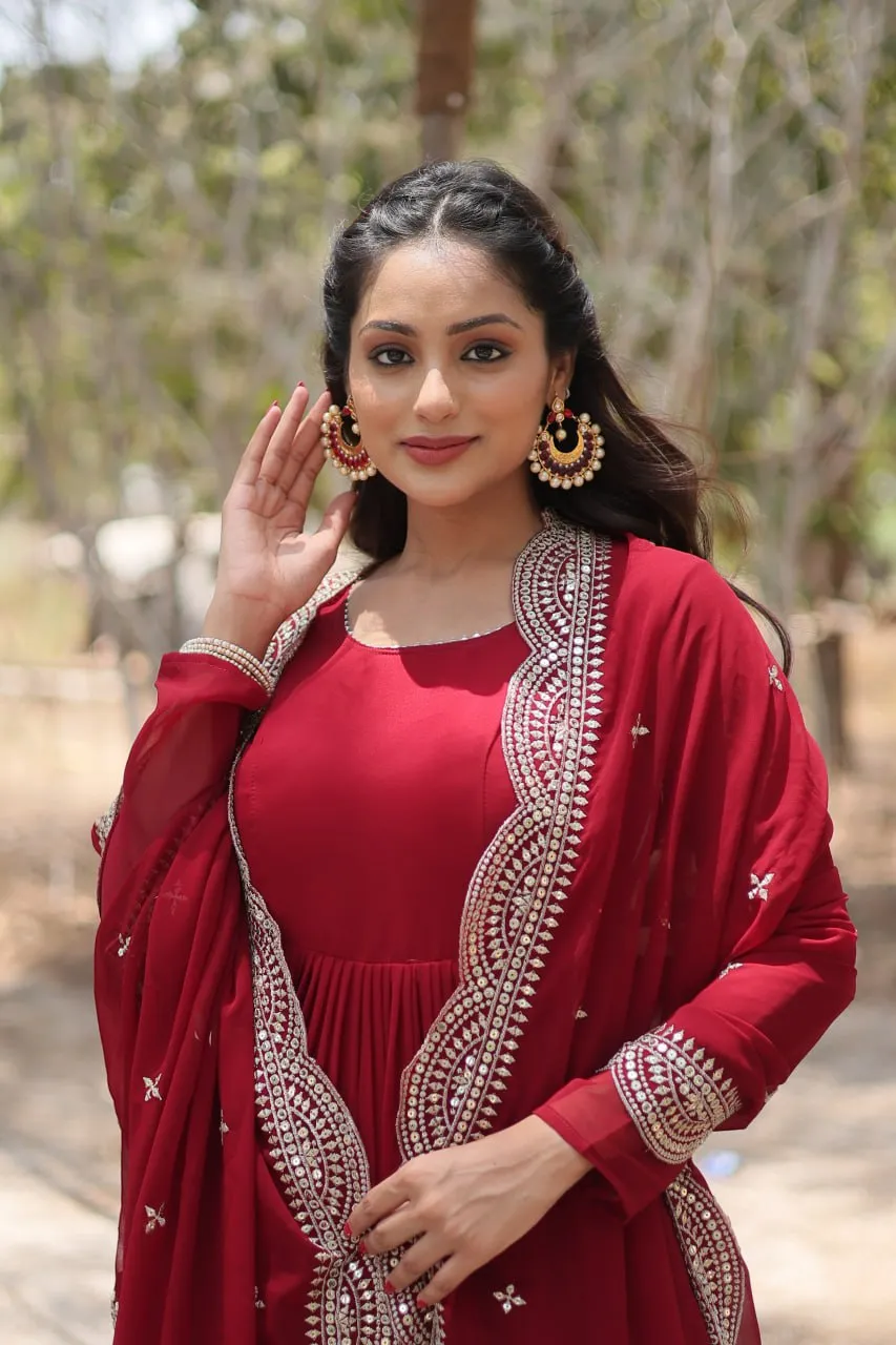 Faux Georgette Maroon Gown with Cascading Frills and Sequin Dupatta