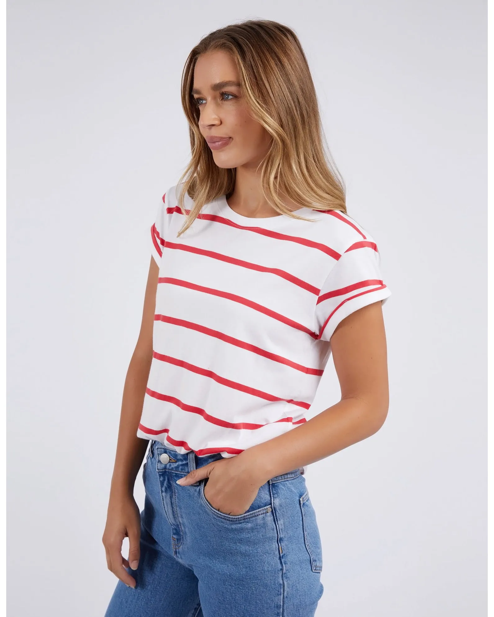 Foxwood Manly Stripe Tee - White/Cayenne Stripe