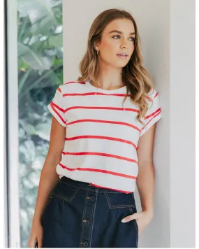 Foxwood Manly Stripe Tee - White/Cayenne Stripe