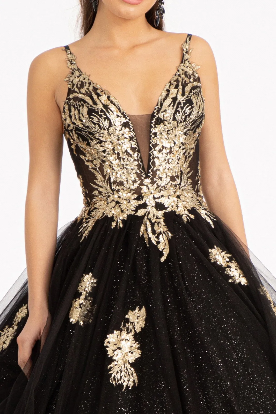 Glitter Embellished Mesh Quinceanera Gown Sequin and Sheer Bodice (Petticoat Included) GLGL3021