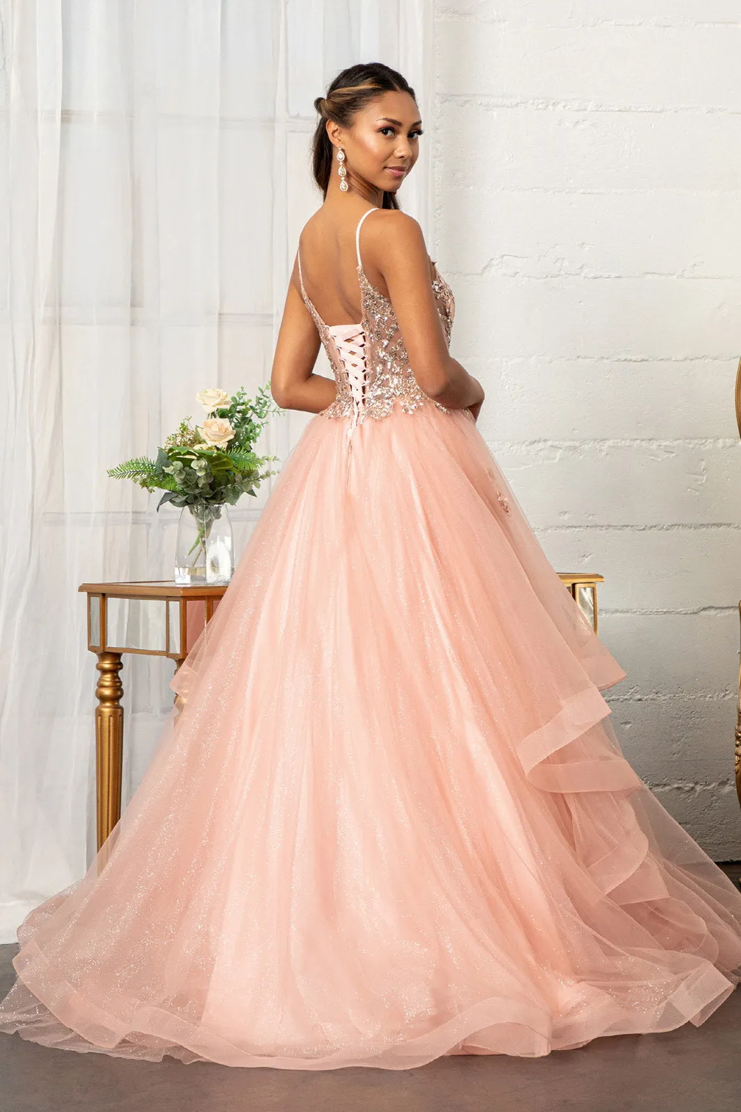 Glitter Embellished Mesh Quinceanera Gown Sequin and Sheer Bodice (Petticoat Included) GLGL3021