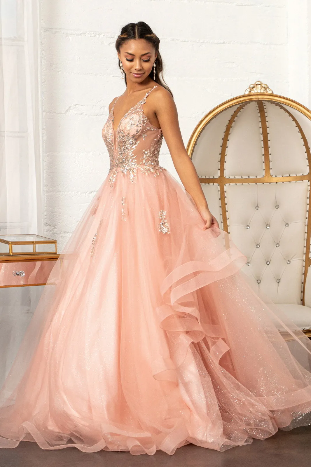 Glitter Embellished Mesh Quinceanera Gown Sequin and Sheer Bodice (Petticoat Included) GLGL3021