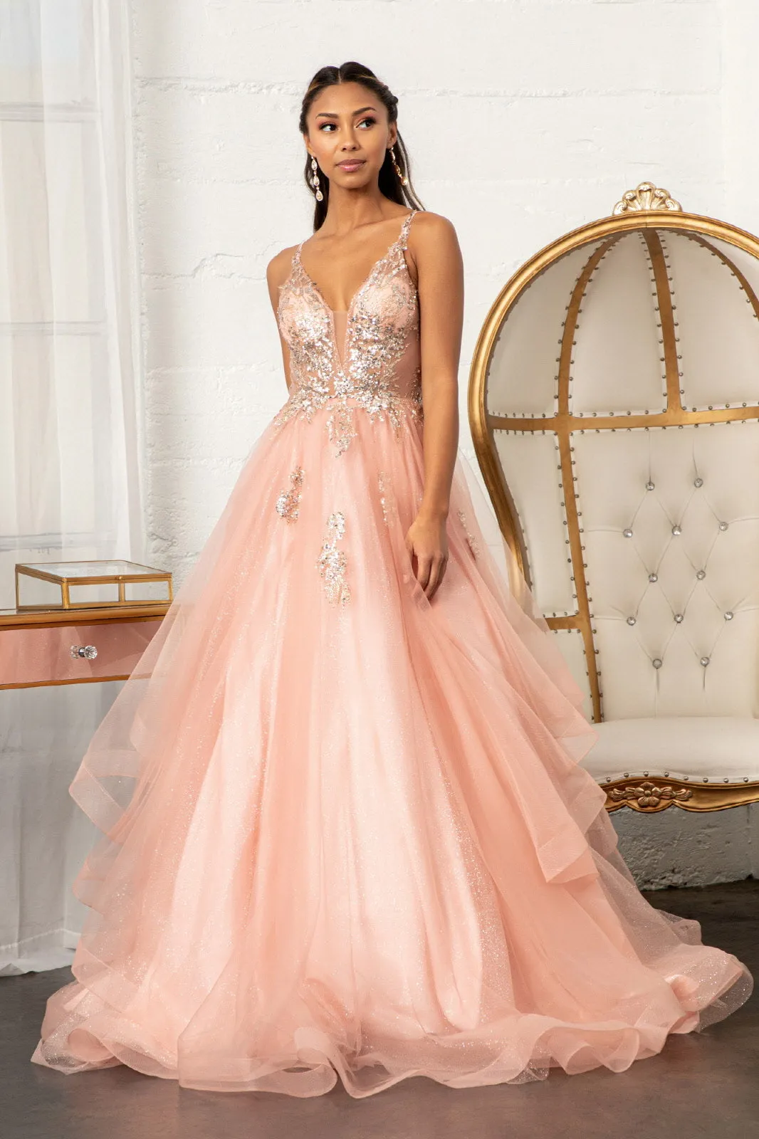 Glitter Embellished Mesh Quinceanera Gown Sequin and Sheer Bodice (Petticoat Included) GLGL3021