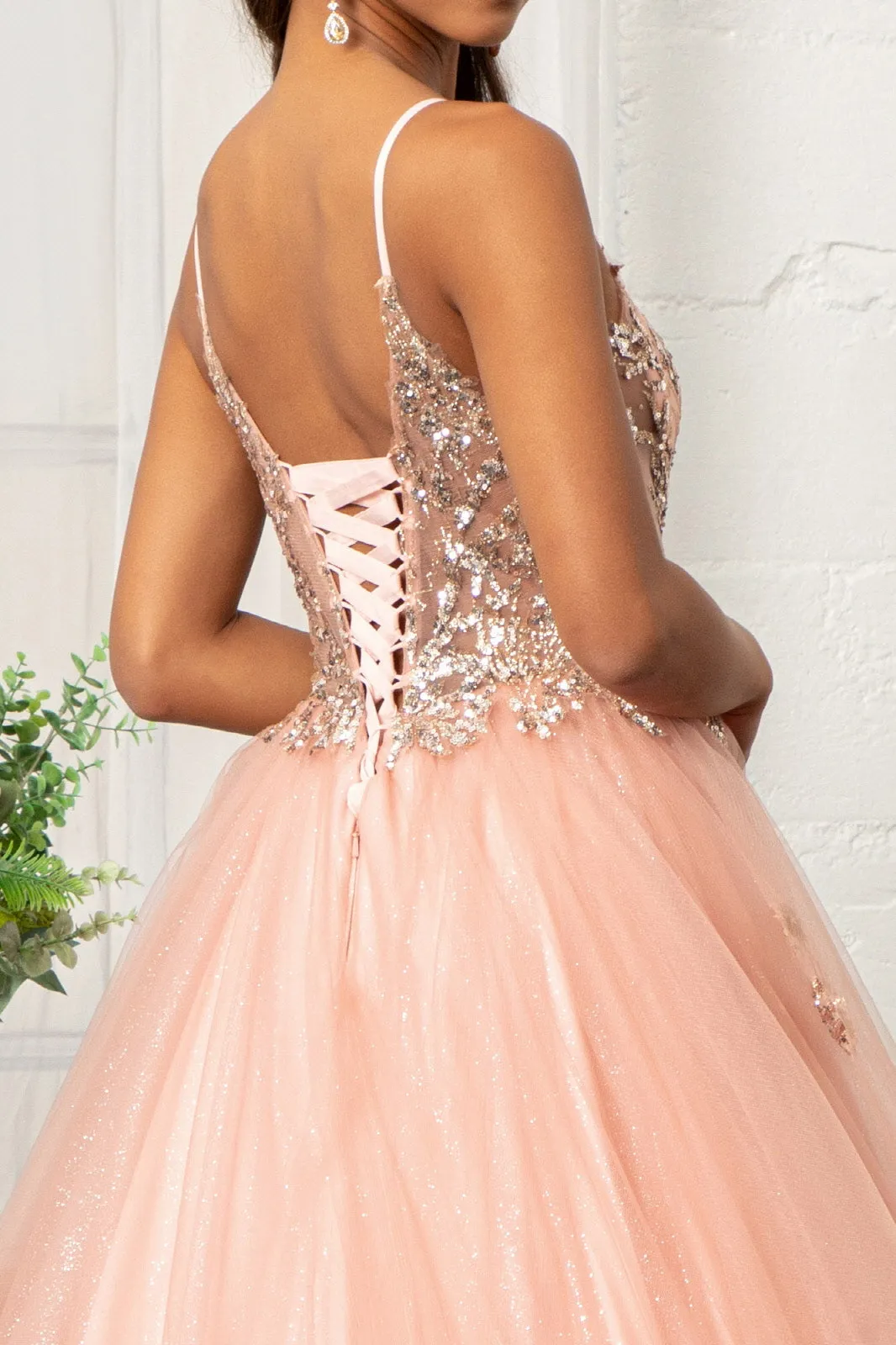 Glitter Embellished Mesh Quinceanera Gown Sequin and Sheer Bodice (Petticoat Included) GLGL3021