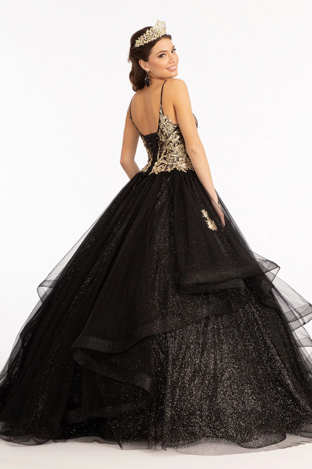 Glitter Embellished Mesh Quinceanera Gown Sequin and Sheer Bodice (Petticoat Included) GLGL3021