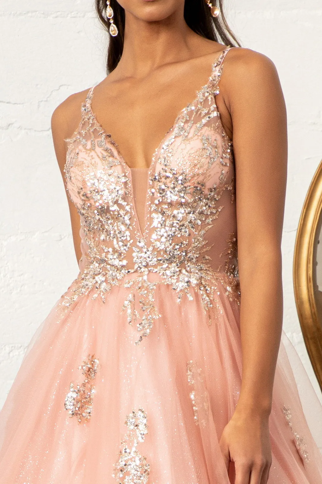 Glitter Embellished Mesh Quinceanera Gown Sequin and Sheer Bodice (Petticoat Included) GLGL3021