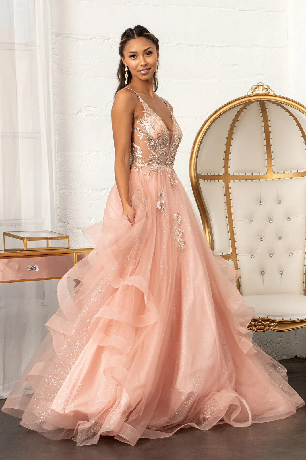 Glitter Embellished Mesh Quinceanera Gown Sequin and Sheer Bodice (Petticoat Included) GLGL3021