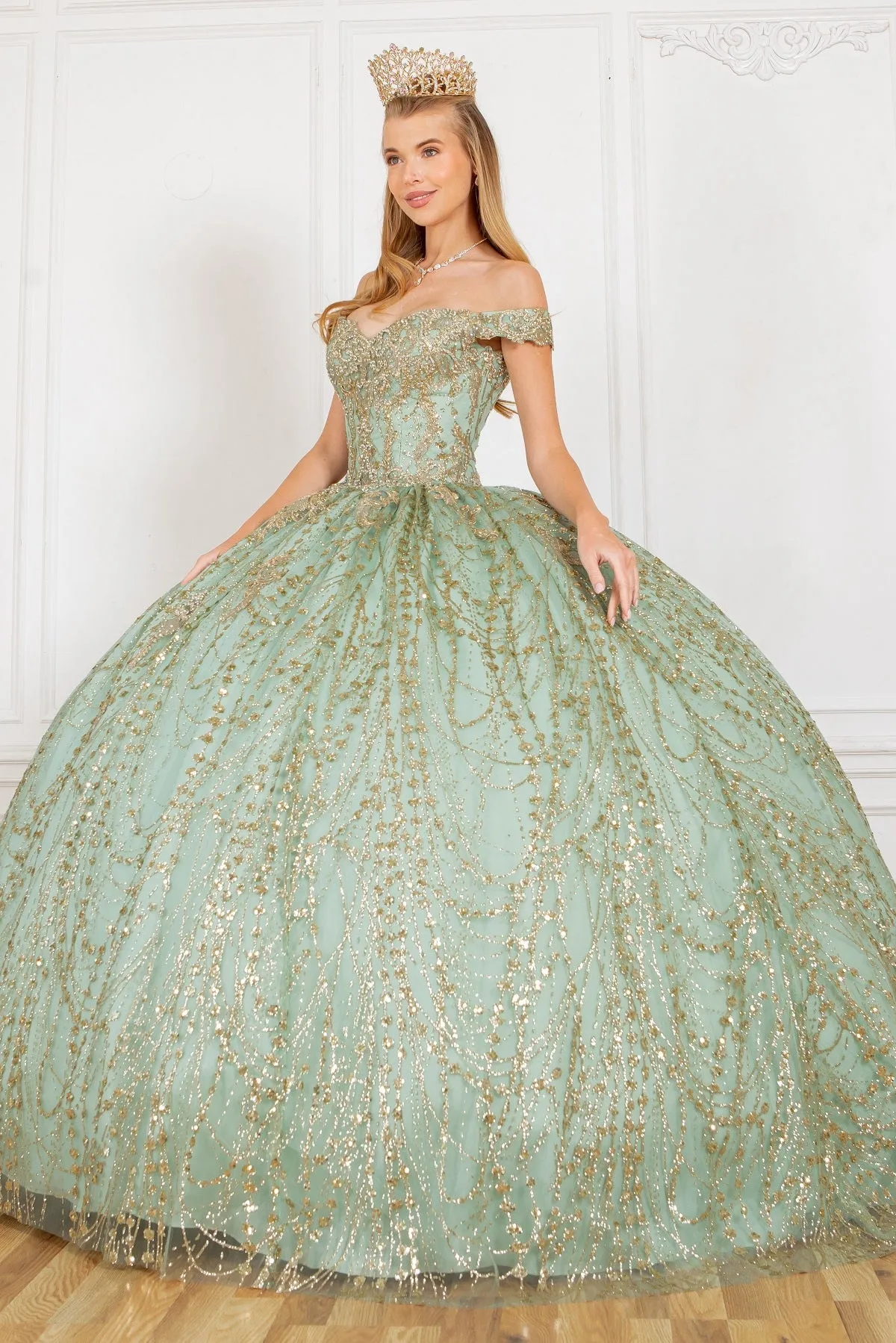 Glitter Off Shoulder Sweetheart Long Quinceanera Dress
