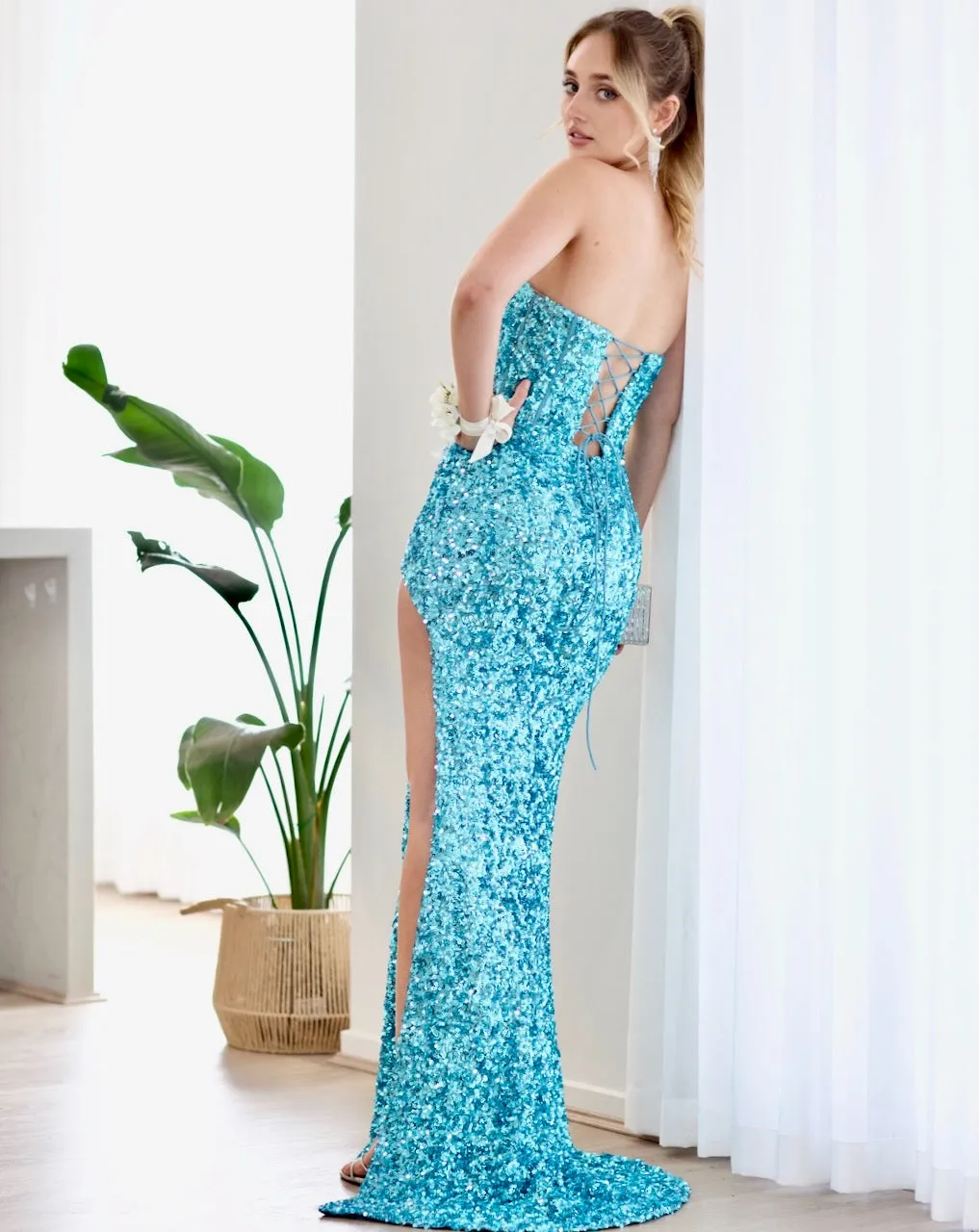 Guinevere Strapless Corset Sequin Gown - Aqua Blue