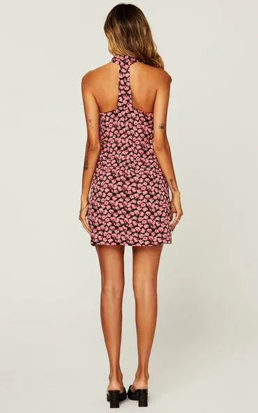 Halter Neck Back Detail Mini Dress In Pink Rose Print