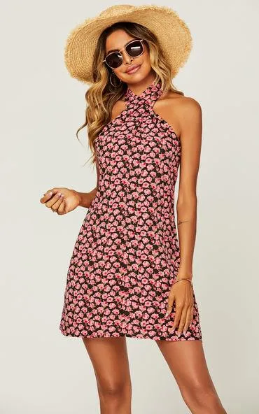 Halter Neck Back Detail Mini Dress In Pink Rose Print
