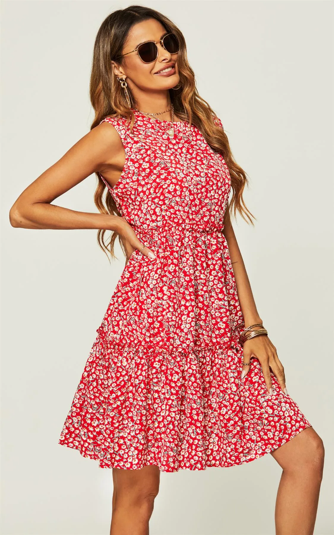 Hem Frill Detail Tiered Mini Dress In Red Flora Print
