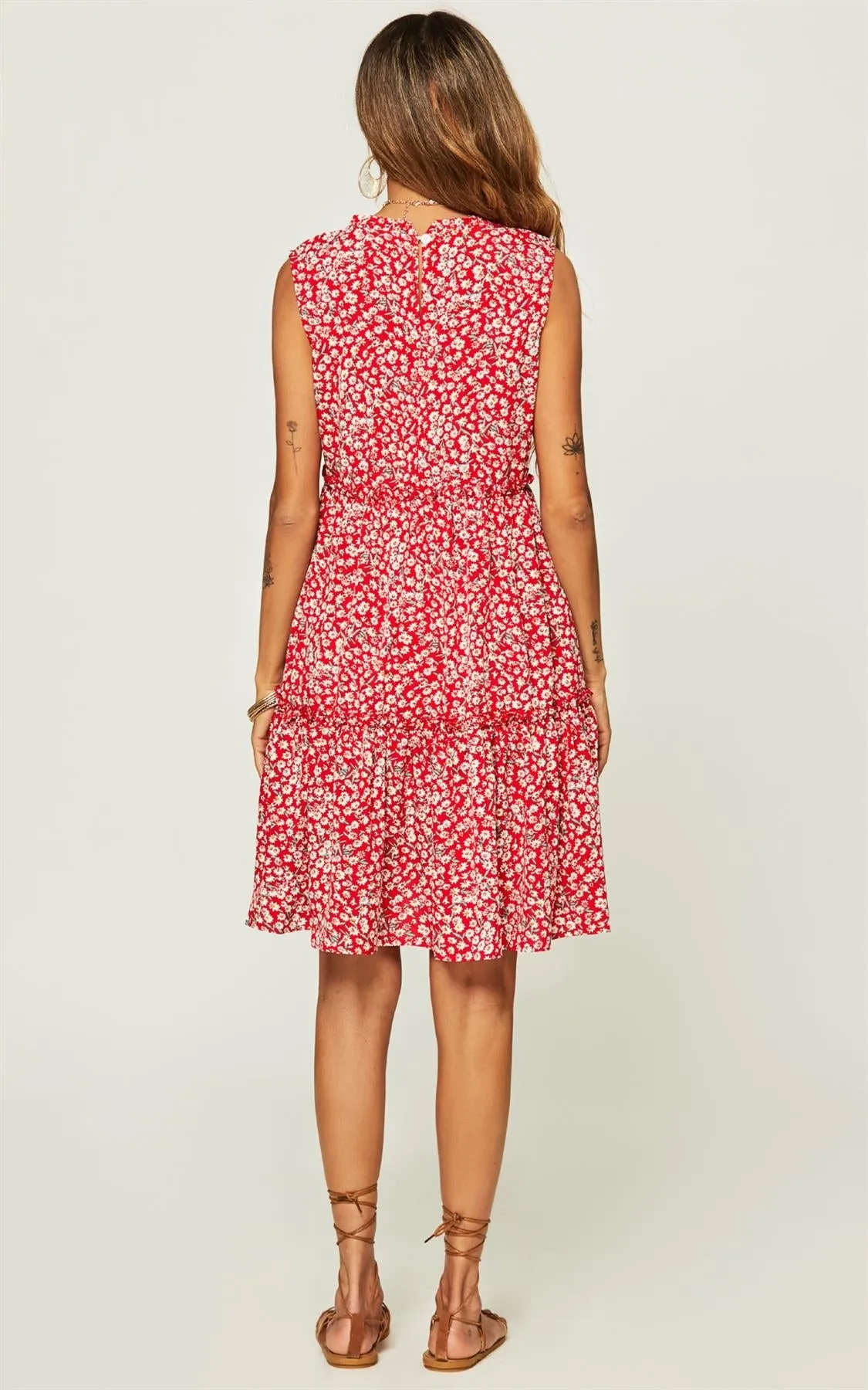 Hem Frill Detail Tiered Mini Dress In Red Flora Print