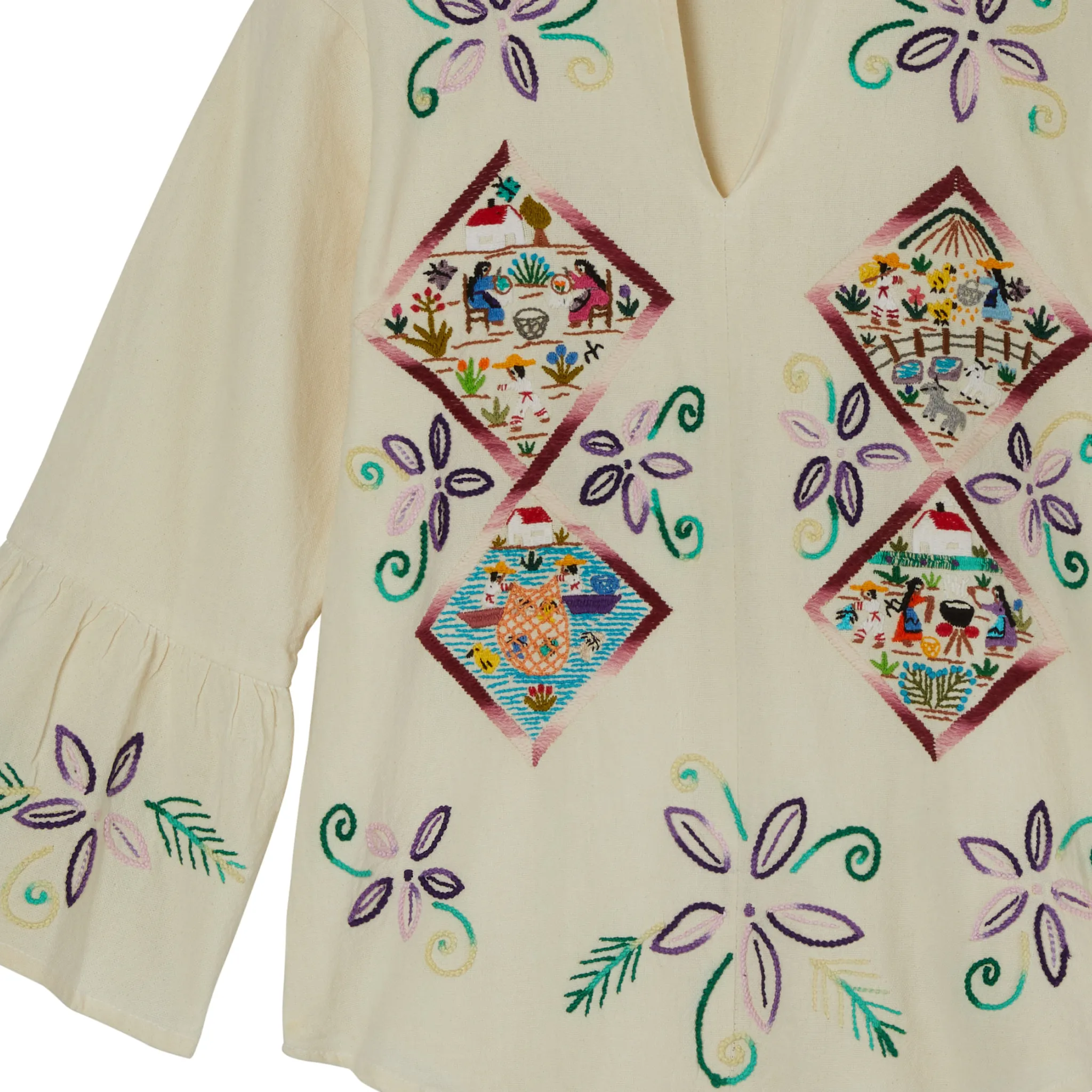 Historico Collection Embroidered Top from Mexico - Ivory, Maroon, Purple, Multi