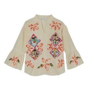 Historico Collection Embroidered Top from Mexico - Ivory, Pink, Orange, Multi