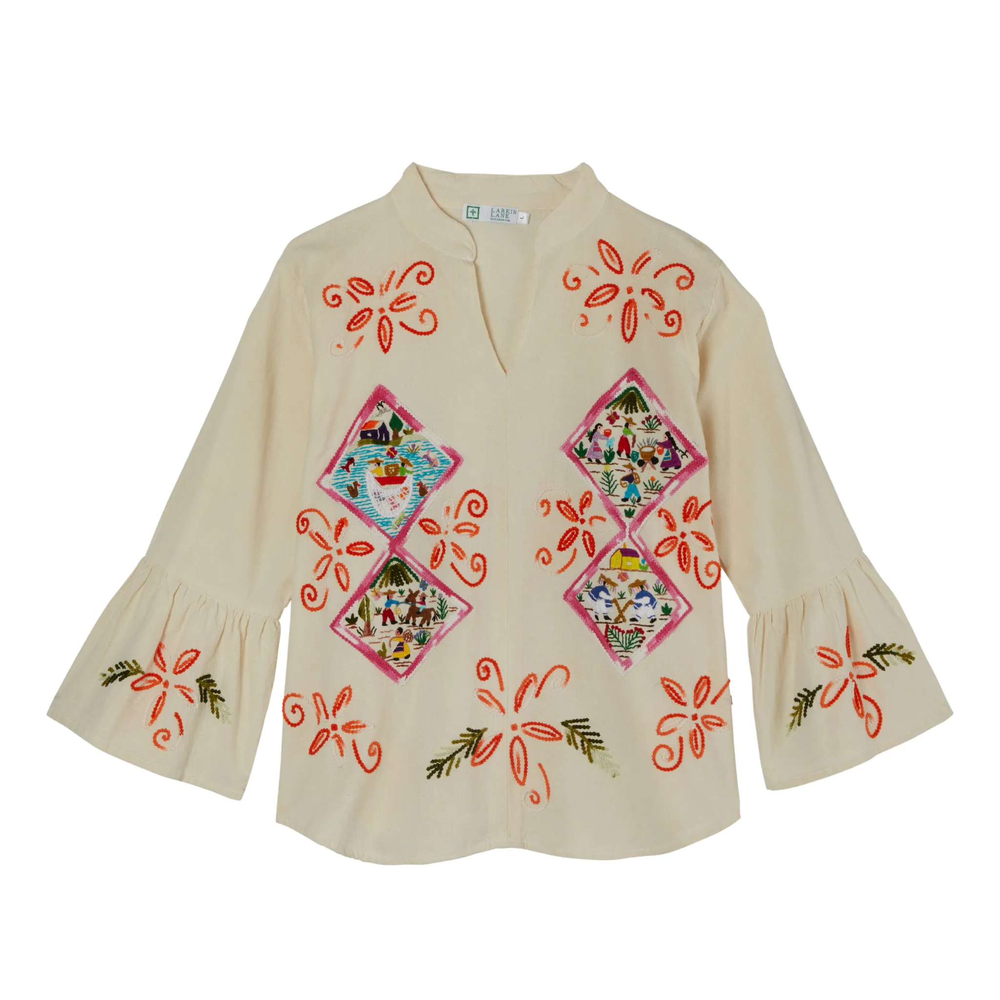 Historico Collection Embroidered Top from Mexico - Ivory, Pink, Orange, Multi