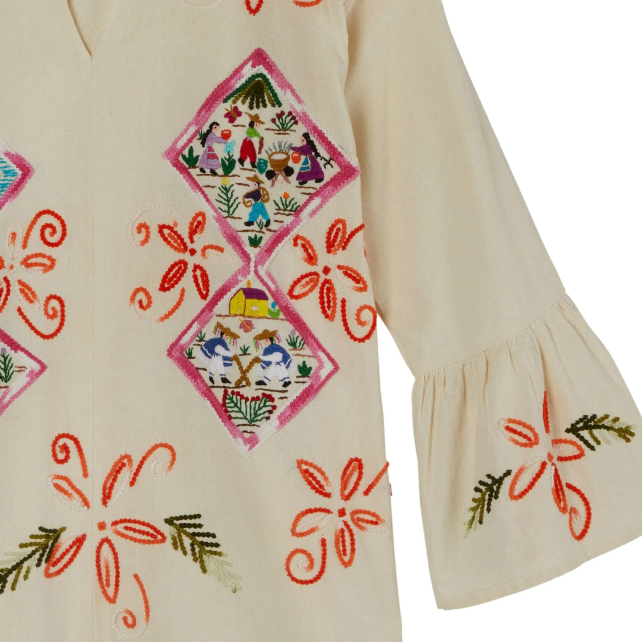 Historico Collection Embroidered Top from Mexico - Ivory, Pink, Orange, Multi