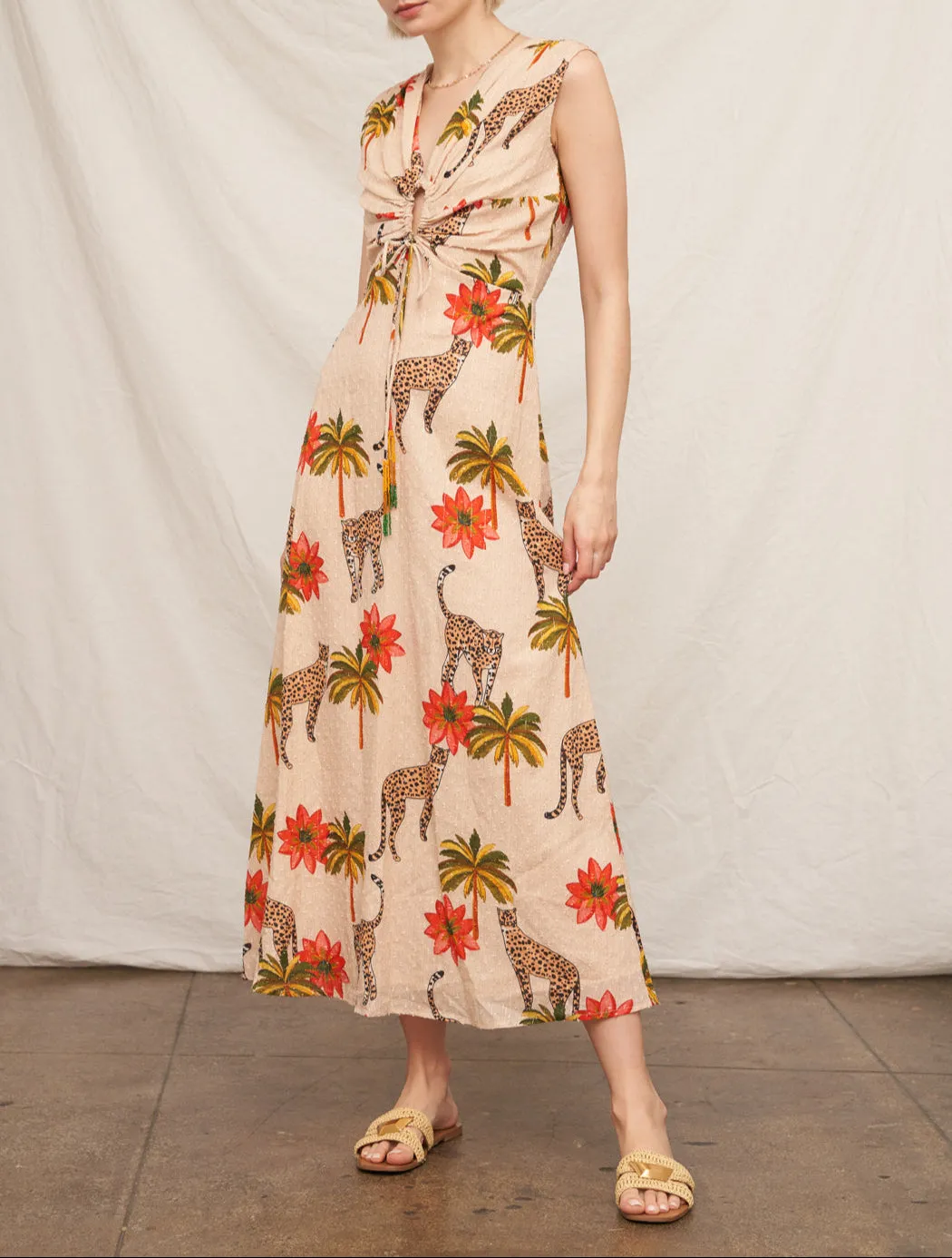 Island Glow Drop Shoulder Animal Print Maxi Dress