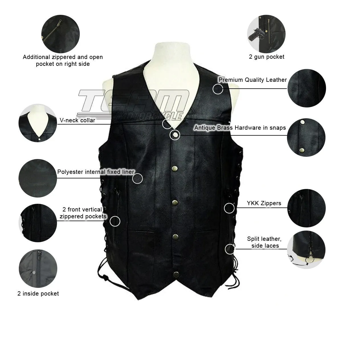 Jafrum MV106 Tall Size Men's Black Concealed Carry Ten Pocket Leather Vest