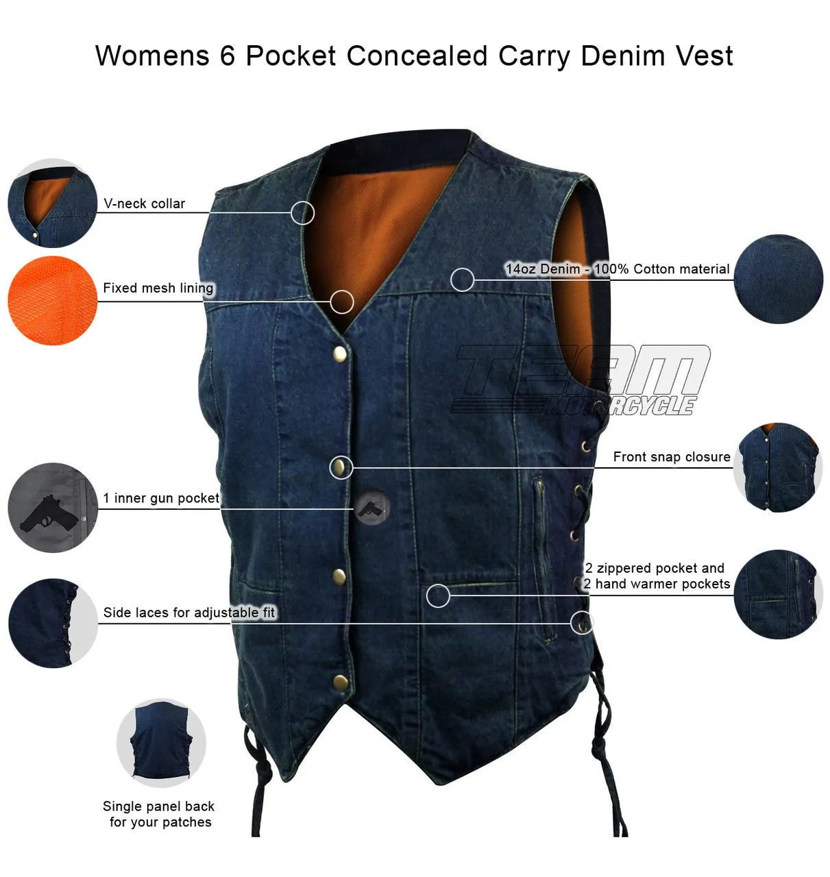 Jafrum Women's Black  Six Pocket Concealed Carry Denim Vest
