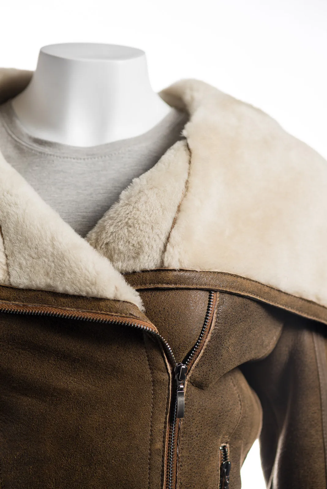 Ladies Antique Tan Sheepskin Jacket With Oversized Collar: Rita