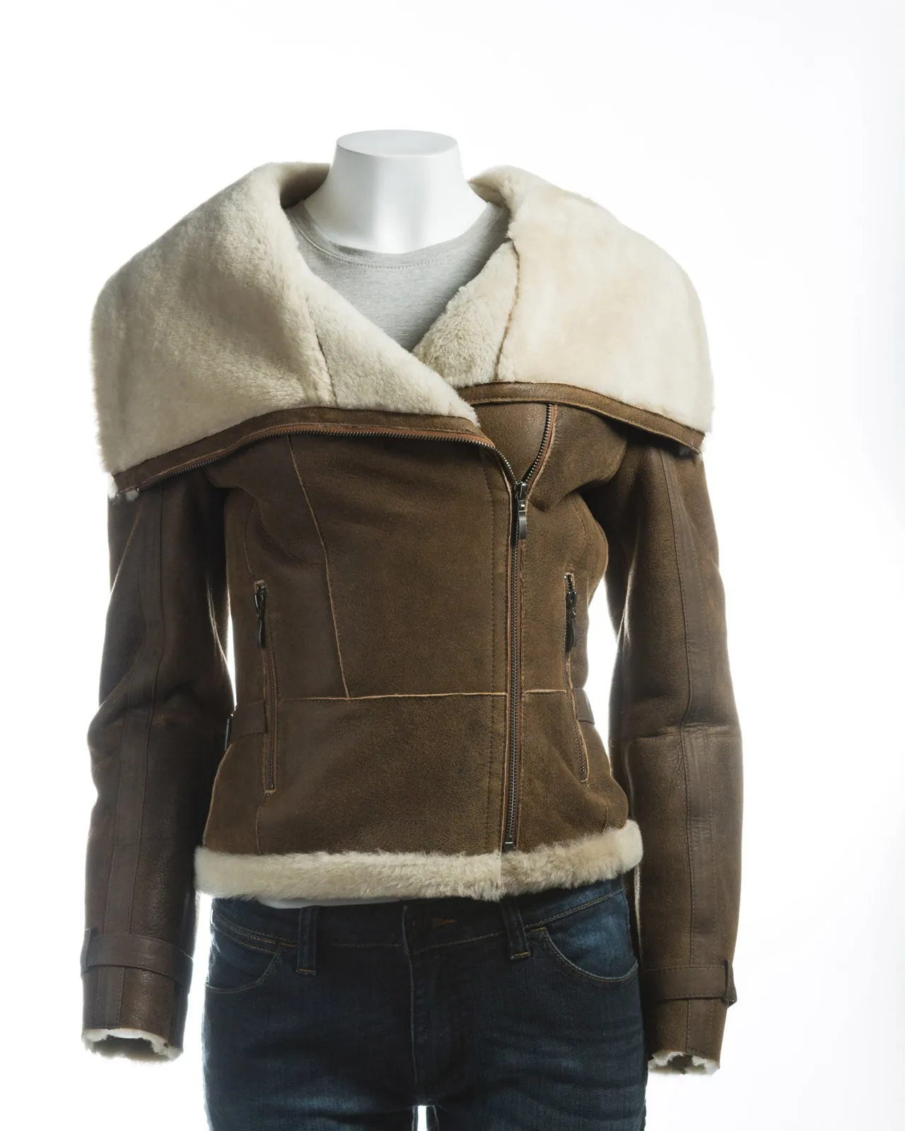 Ladies Antique Tan Sheepskin Jacket With Oversized Collar: Rita