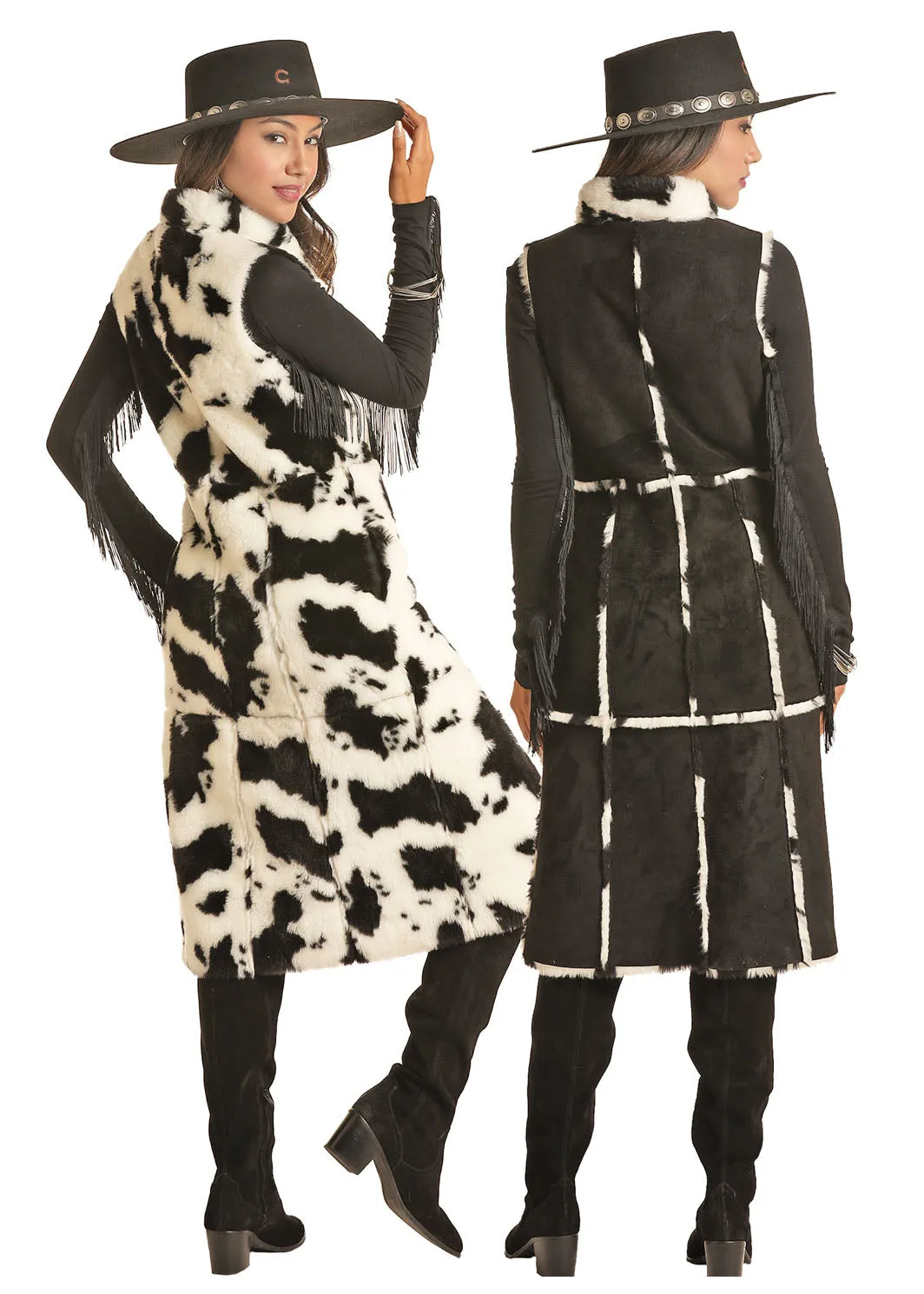 LADIES REVERSIBLE COW PRINT/BLACK MAXI VEST