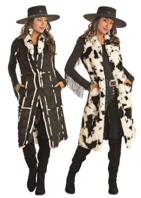 LADIES REVERSIBLE COW PRINT/BLACK MAXI VEST