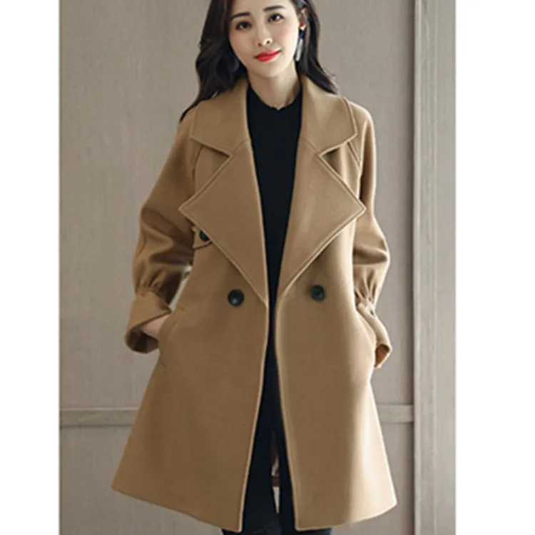 Lapel V-neck Long Trumpet Sleeves Oversized Women Coat with Belt on