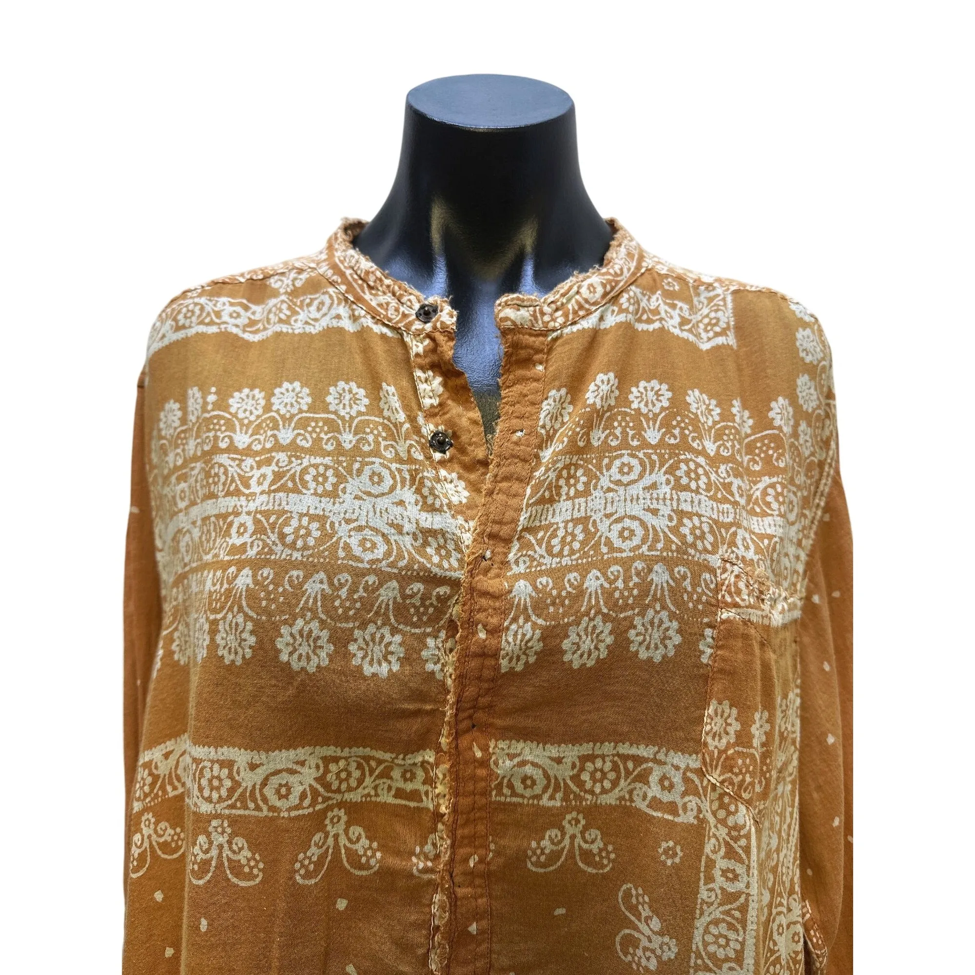 Magnolia Pearl Boho Style Mustard & Cream Floral Print Dress w/Button Front