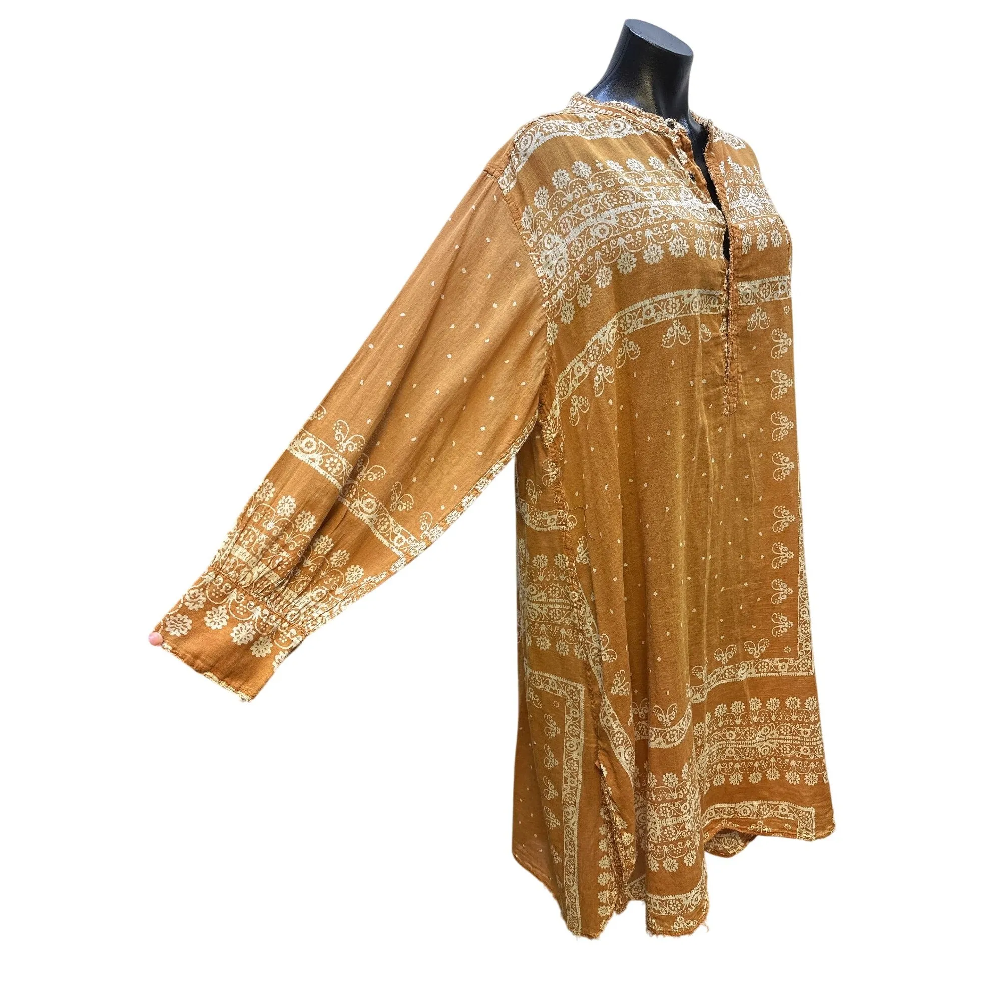 Magnolia Pearl Boho Style Mustard & Cream Floral Print Dress w/Button Front