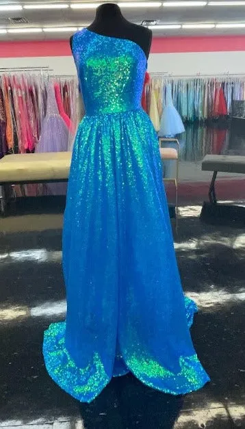 Marc Defang 8068 Size 6 Blue Sequin One Shoulder Ballgown Formal Dress Pageant Prom Gown