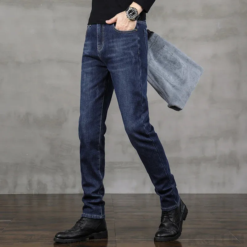 Mens Jeans Brand 2024 Warm Jeans Fleece Men Denim Pants Thicken Blue Slim Stretch Men's Trousers Fashion Pockets Mens Clothing