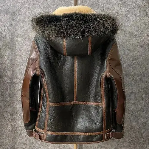 Men's Sheepskin Leather Hooded Motorcycle Flight Winter Coat