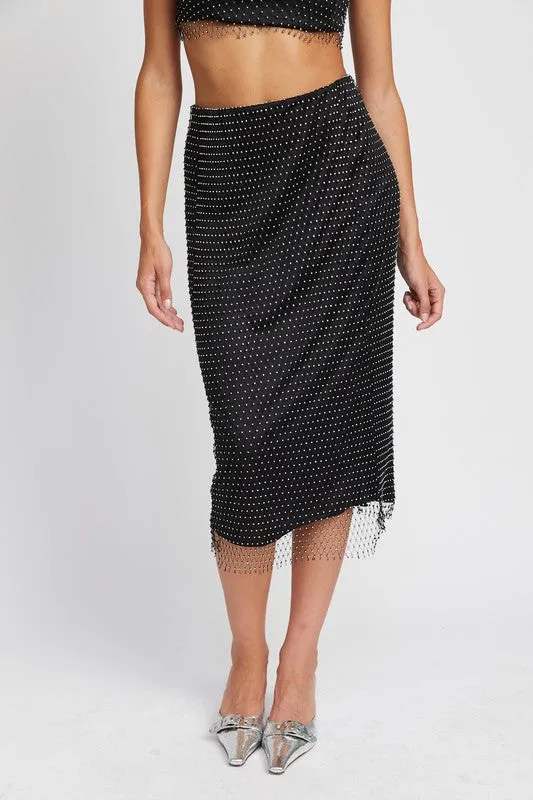 Mesh Midi Skirt w/Rhinestone