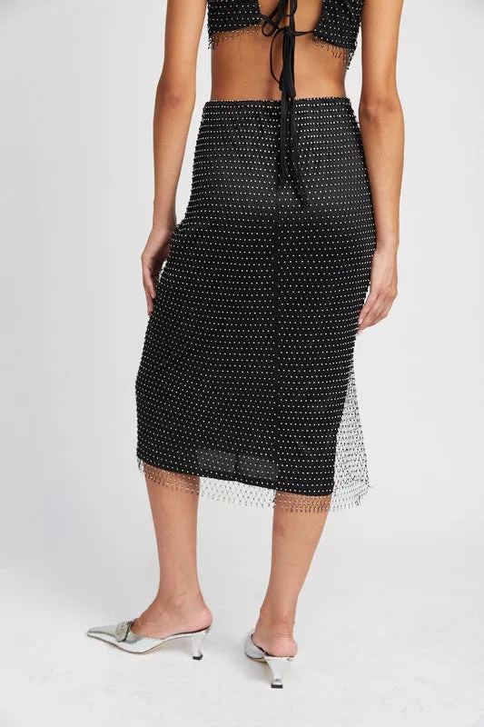 Mesh Midi Skirt w/Rhinestone