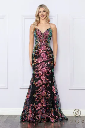 N R1439 - Colorful Sequin Fit & Flare Prom Gown With Lace Up Corset Back & V-Neckline